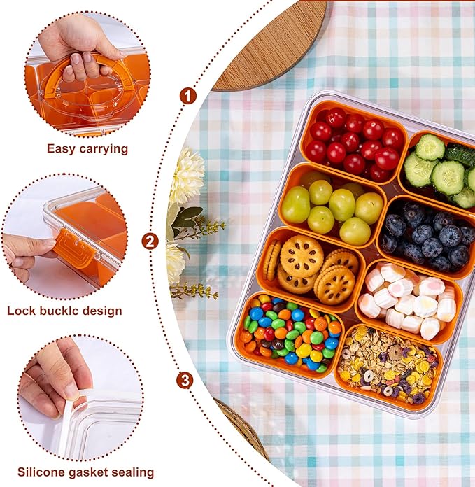 U-QE Dishwasher Safe Snackle Box Container with 8 Small Snacks Box - Premium Orange Plastic Divided Serving Tray with Lid and Handle for Snack, Veggie, Fruits, Perfect for Party, Picnic,Entertaining