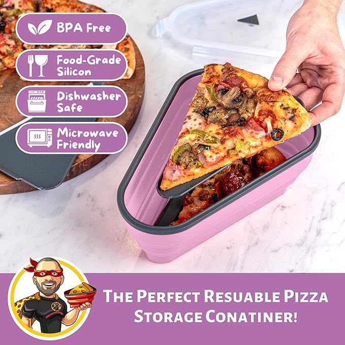 PIZZA PACK The Perfect Reusable Pizza Storage Container with 5 Microwavable Serving Trays - BPA-Free Adjustable Pizza Slice Container to Organize & Save Space, Pink 3 pk
