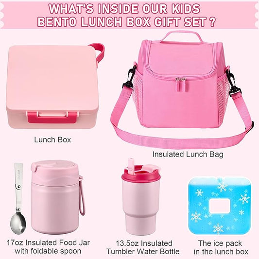 Bento Lunch Box for Kids with 17oz Soup Thermo,Insulated Tumbler Water Bottle and Insulated Lunch Bag,Leak-Proof 3 Compartment Lunch Food Container with with Ice Pack for Kids to School-Pink