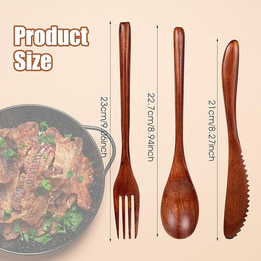 Molain Wooden Utensils for Eating - 18 Pcs Wooden Cutlery Set, Spoon Fork Knife Flatware Dinner Tableware Set, Eco-Friendly Wood Utensils for Kitchen and Travel