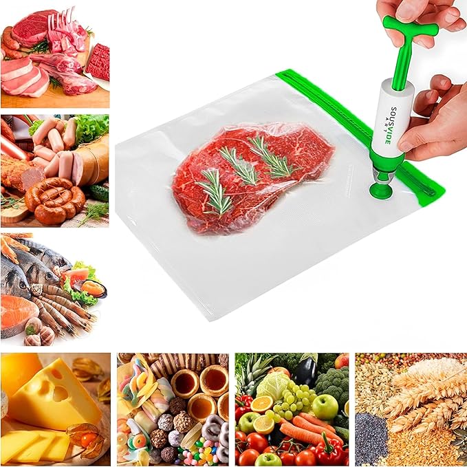 SOUSVIDE ART Reusable Vacuum Seal Bags with Vacuum Sealer, 37pcs - 30 Cooking and Storage Bags of 3 Sizes with Pump and Sous Vide Cooker Accessories - Food Safe Kit, Keeps Food Fresh