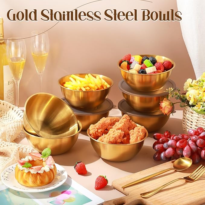 Nuogo 24 Pcs Gold Stainless Steel Mixing Bowls with Airtight Lids 6.7 Inch Gold Esthetician Bowls for Ramadan Serving Facial Salad Fruit Snack Soup Cereal Wedding Party