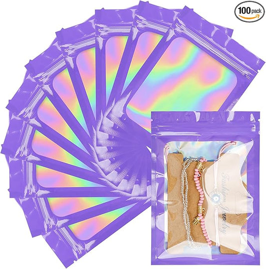 100 Pcs Mylar Bags Purple Holographic Bags with Clear Window Sealable Bags for Food Storage Resealable Bags for Small Business(4×6Inch)