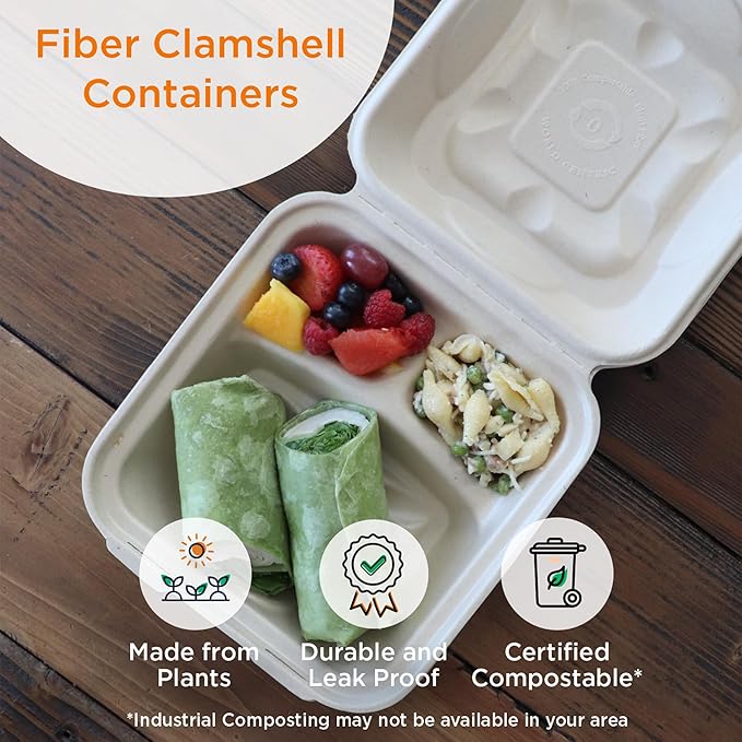 World Centric Compostable Clamshell Containers 9x9x3'', 3-Compartment - Grease and Moisture Resistant - 100 Pack