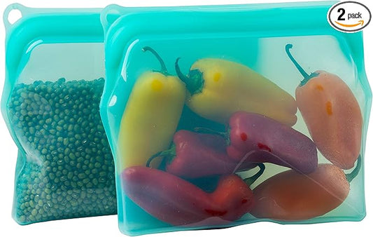 2-Two Cup 100% Food Grade, Reusable Silicone Freezer Bags for Microwave, Oven, Refrigerator, Sous Vide Cooking & Baking -Two 15 oz.Blue Bags