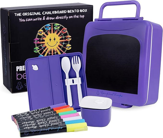 Chalkboard Kid Lunch Box for Girls & Boys - Leak-Proof Kids Lunchbox with Removable Compartment Tray, Lidded Container & Utensils - BPA-Free Lunch Box Containers for Kids for School, Daycare - Purple