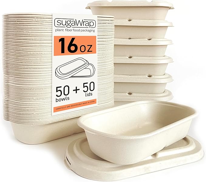 Disposable 16oz Oval Food Containers with Lids [50 Bowls + 50 Lids] Eco-Friendly Biodegradable Bamboo & Sugarcane, Sturdy, Freezer & Microwave Safe for Hot & Cold