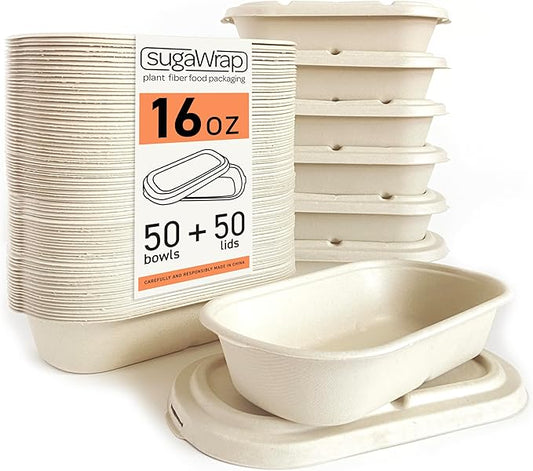 Disposable 16oz Oval Food Containers with Lids [50 Bowls + 50 Lids] Eco-Friendly Biodegradable Bamboo & Sugarcane, Sturdy, Freezer & Microwave Safe for Hot & Cold