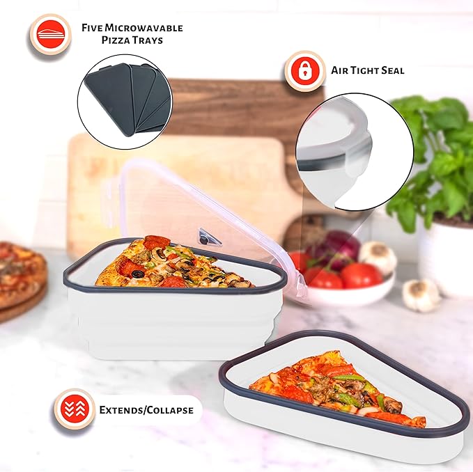 PIZZA PACK The Perfect Reusable Pizza Storage Container with 5 Microwavable Serving Trays - BPA-Free Adjustable Pizza Slice Container to Organize & Save Space, 3 Pack, White