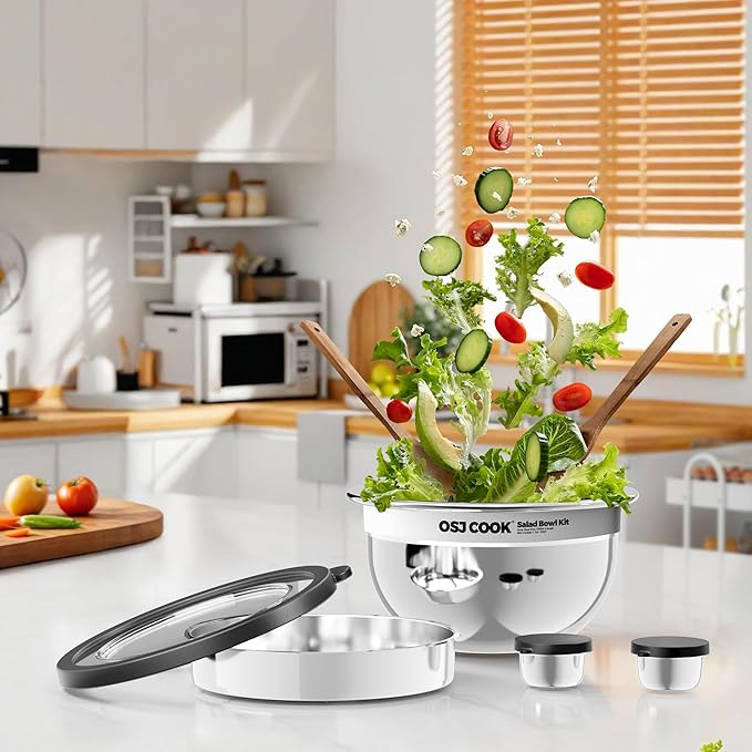 18/8 Stainless Steel Salad Bowl Kit - 51oz, Mixing Bowls with Lids Set, Silver - Comes with 1.7oz Condiment Container and Removable Tray for Organization - Leak-Proof, Easy to Clean, Dishwasher Safe