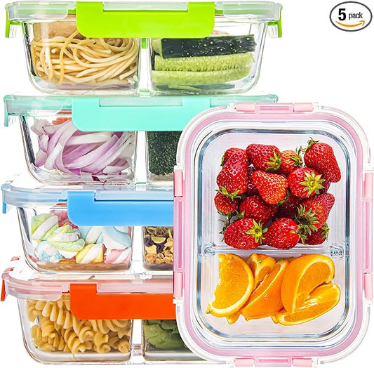 Glass Meal Prep Containers 2 Compartment with Lids (5 Pack, 34oz), Divided Glass Storage Containers for Lunch at Work, Leak-Proof Portion Control Food Containers, Microwave/Dishwasher Safe