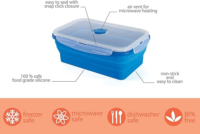Thin Bins Collapsible Containers – Set of 4 Rectangle Silicone Food Storage Containers – BPA Free, Microwave, Dishwasher and Freezer Safe