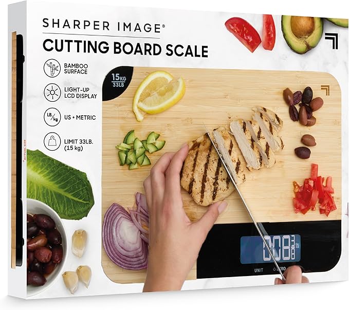 Sharper Image® Bamboo Wood Cutting Board & Food Scale – 33 lb Capacity, LCD Displays Grams & Oz| Kitchen Gadget Essential| Nutrition, Portion Control, Meal Prep, Baking, Dieting, Keto, Weight Loss