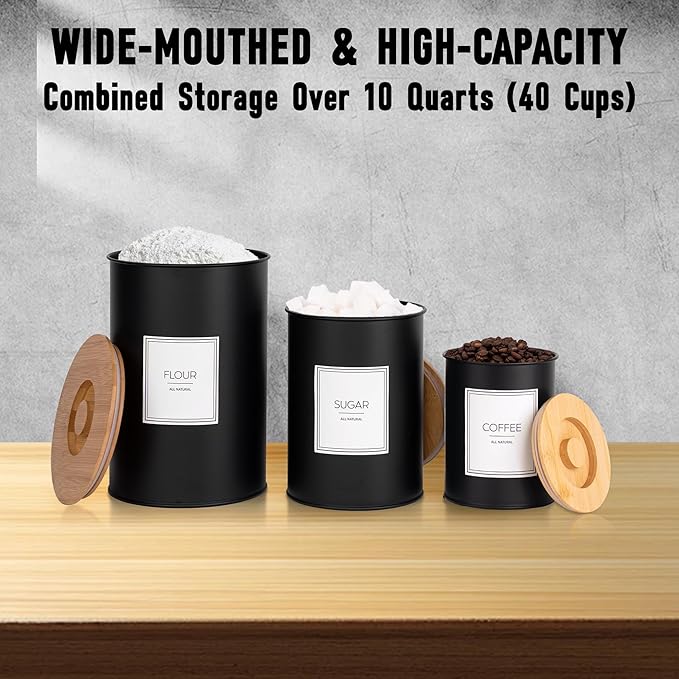 Canisters Sets for Kitchen Countertop, Black Metal Kitchen Canisters Set of 3, Flour and Sugar Storage Containers with Airtight Bamboo Lid and Stickers, Coffee and Tea Storage, Farmhouse Decor