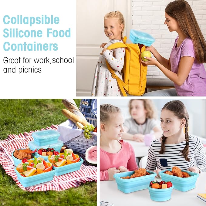 Yaomiao 16 Pack Collapsible Food Storage Containers with Lid Foldable 8 Pcs Rectangle Storage Bowl and 8 Pcs Round Silicone Food Bow for Lunch Rv Accessories Microwave Freezer Safe(Blue)