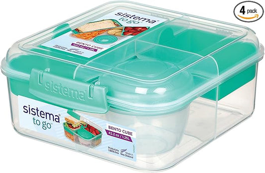 Sistema Bento Box Adult Lunch Box with 3 Compartments, 2 Removable Trays, and Salad Dressing Container, Dishwasher Safe, Color May Vary, 42 oz./1.25L Size (Pack of 4)