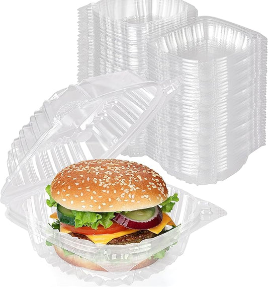 Disposable Plastic To Go Containers with Clear Lids (100 Pack) Fancy Hinged Top Square Clamshell Food Boxes for Take Out, Home Party Togo Clam Shell Box to Carry Cake, Dessert, Small Sandwich
