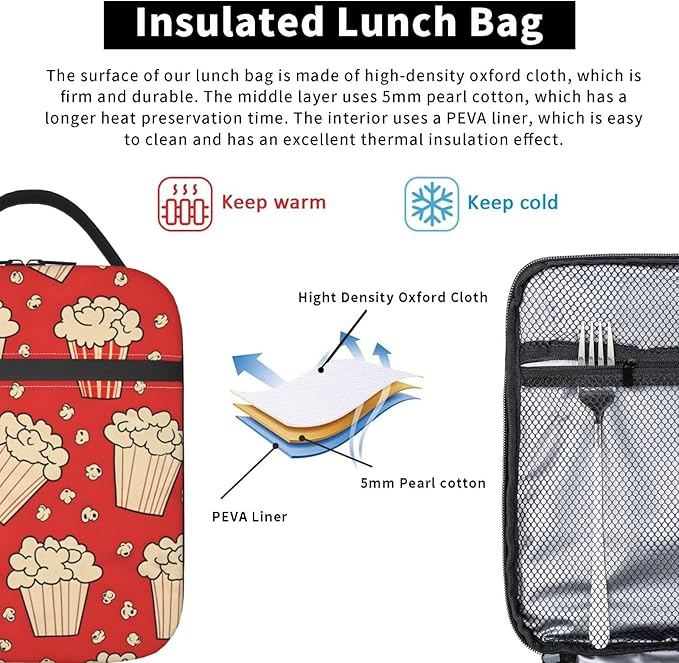 Insulated Lunch Box for Kids Boys Girls, Reusable Lunch Bag for School, Office, Work, Picnic, Travel, Movie Classic Popcorn Lunch Box