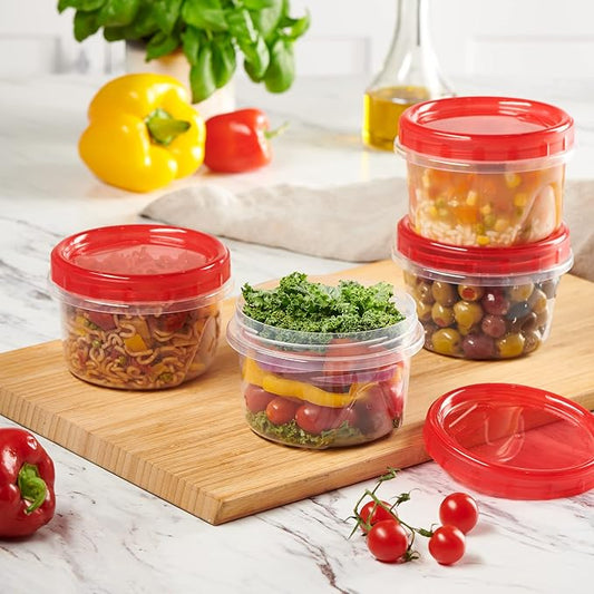 PLASTICPRO 12 Pack Twist Cap Food Storage Containers with Red Screw on Lid- 16 oz Reusable Meal Prep Containers - Freezer and Microwave Safe Red Plastic Food Storage