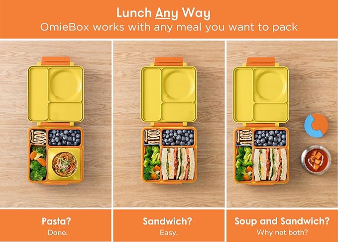 OmieBox Bento Box for Kids - Insulated Bento Lunch Box with Leak Proof Food Jar - 3 Compartments, Two Temperature Zones - (Sunshine)