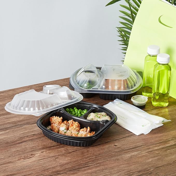 RW Base 27 Ounce Meal Prep Containers, 100 Microwavable To Go Containers With Lids - 3 Compartments, Disposable, Black Plastic Oval Food Containers, For Hot And Cold Food, Freezable - Restaurantware