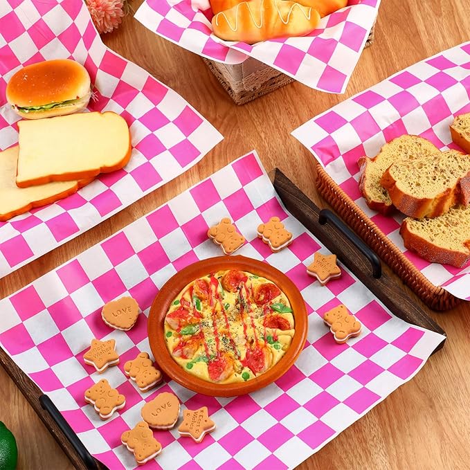 600 Pcs Sandwich Wrapping Paper Sheet 15x15 Checkered Food Wax Paper Sheets Parchment Paper Basket Liner Grease Restaurant Supplies for Wrapping Bread Burgers Food Serving (Pink)