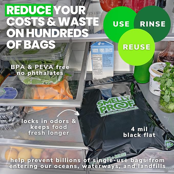 Smelly Proof Reusable Food Storage Container Bags, Reusable Freezer Bags US-Made BPA FREE, NO PEVA, 2 Gallon Bag, Easy Clean Dishwasher-Safe, NO SMELL Triple Zip BLACK 4 mils FLAT 12" x 16" - 5pk