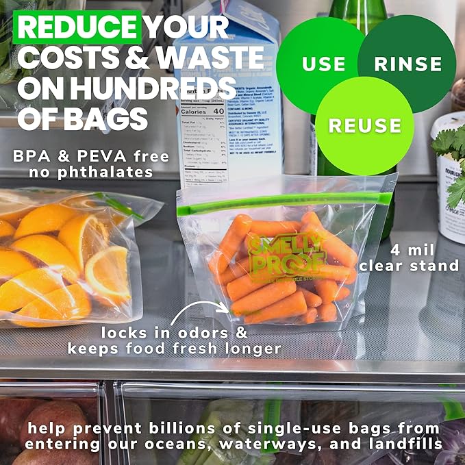 10 x Expandable Stand-Up & Fill REUSABLE Storage Bags for Food Designed & Mfg in US by Smelly Proof, NO PEVA, BPA FREE, Reusable Snack Bags, Dishwasher-Safe, Clear 3 mils STAND & FILL 6" x 4" - 10pk