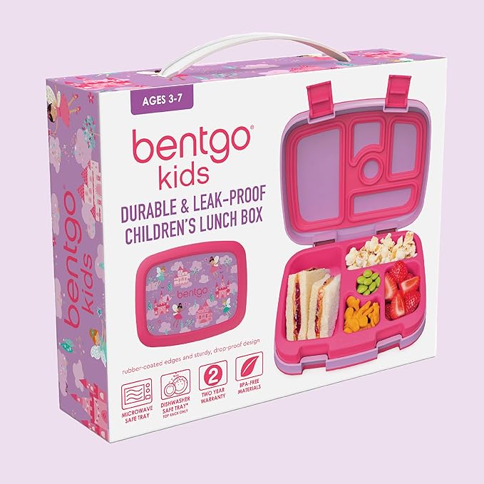 Bentgo Kids Prints Leak-Proof, 5-Compartment Bento-Style Kids Lunch Box - Ideal Portion Sizes for Ages 3-7, Durable, Drop-Proof, Dishwasher Safe, & Made with BPA-Free Materials (Fairies)