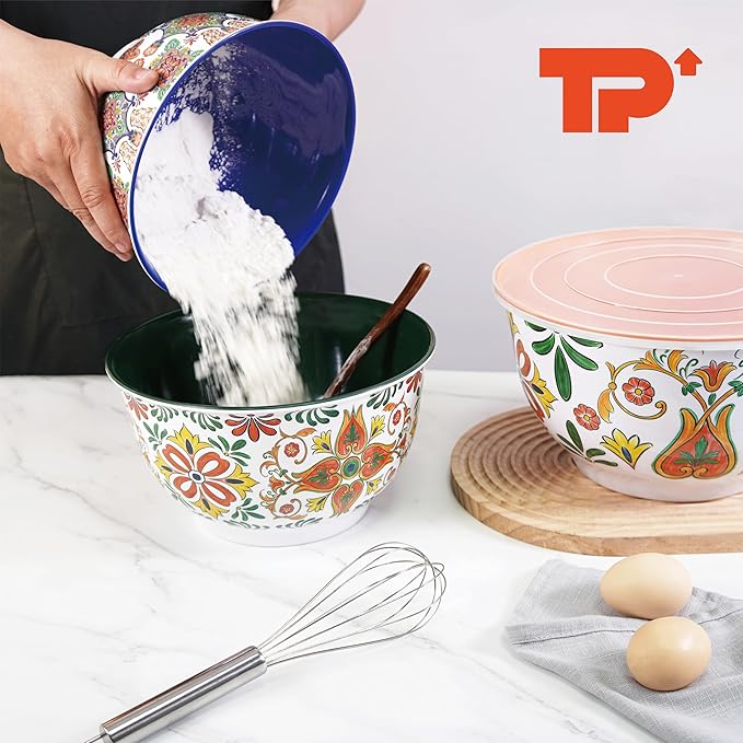 TP Mixing Bowls with Lids, 6-Piece Nesting Melamine Bowls Set for Prepping Serving Baking Cooking, Non Slip Bottom, Set of 3, Aztec Bloom