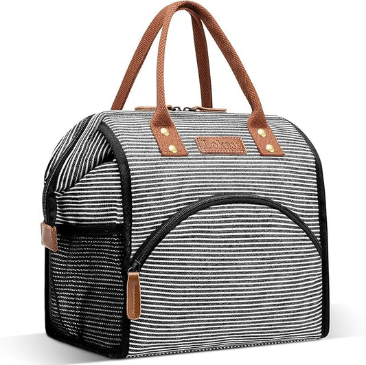 LOKASS Lunch Bag Insulated Lunch Box Wide-Open Lunch Tote Bag Large Drinks Holder Durable Canvas Thermal Snack Organizer for Women Men Adults Work Picnic Hiking Beach Fishing,Stripes