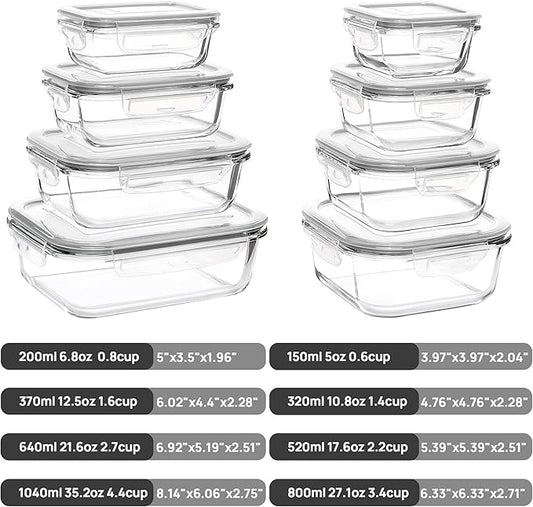 Vtopmart 8 Pack Glass Food Storage Containers with Airtight Lids, Glass Meal Prep Containers, Lunch Office Meal for Microwave, Oven, Freezer and Dishwasher, BPA Free