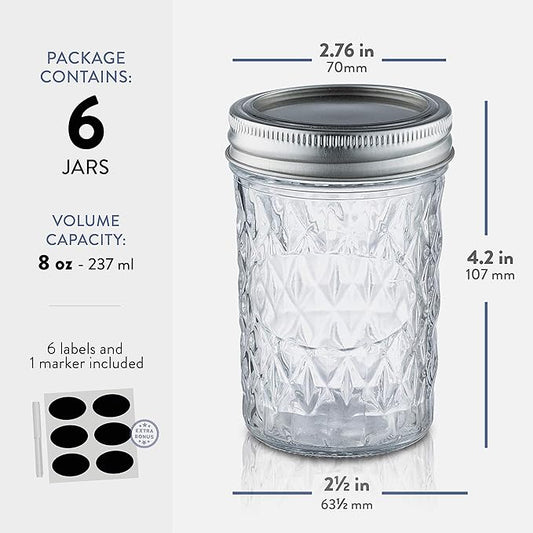 Paksh Novelty Mason Jars - Food Storage Container - 6-Pack - Airtight Container for Pickling, Canning, Candles, Home Decor, Overnight Oats, Fruit Preserves, Jam or Jelly