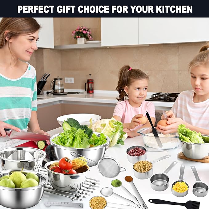 20Pcs Mixing Bowl Set,Stainless Steel Mixing Bowls,Large Nesting Bowls 4.1/3.2/2.4/2.1/1.4QT with Measuring Cups and Spoons Set,Fine Mesh Strainer,Jar Spatula,Brush for Baking Utensils Metal Bowl