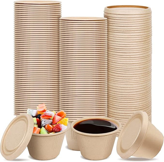 100Pack 4 oz Bagasse Fiber Condiment Cups with Lids,Bagasse Fiber Souffle Cups,Compostable Portion Cups,Biodegradable Sample Cups for Snack Salad Dressing Ketchup