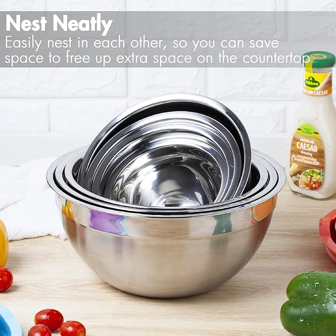 YIHONG 7 Piece Metal Mixing Bowls with Lids for Kitchen, Stainless Steel Set Ideal for Baking, Prepping, Cooking and Serving Food, Nesting Design for Space Saving Storage(White)