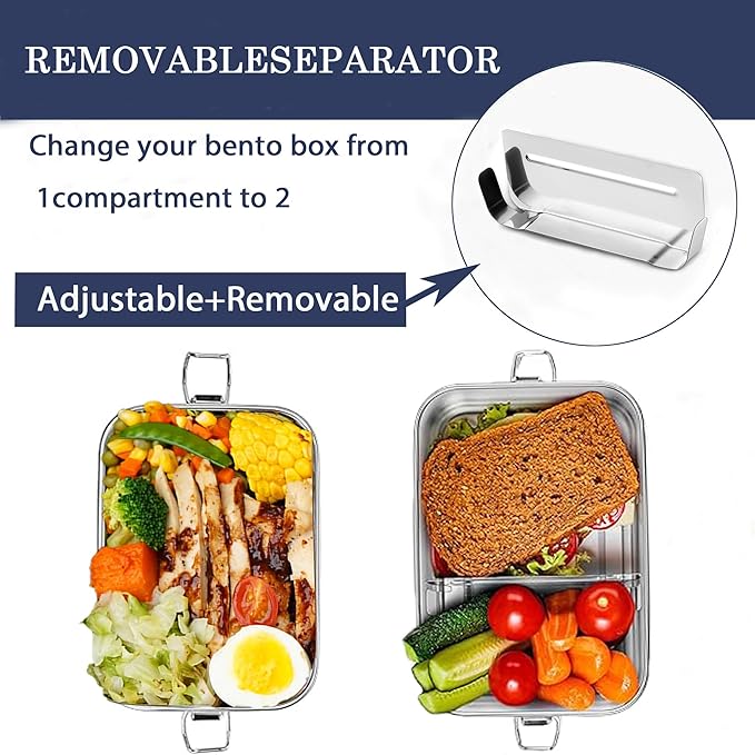 18/8 Stainless Steel Bento Box with Removable Dividers, 47oz (1400ML) Metal Lunch Food Container with Lids and Locking Clips, Food Storage Containers for Office Meals, School, Leak-Proof
