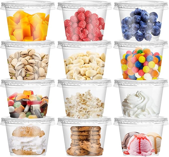 50 Pack 8 OZ Disposable Plastic Cups with Lids,Clear Portion Cups with Flat Lids,Disposable Clear Ice Cream Cup for Parfaits,Yogurt,Drink,Soups,Snacks,Salad,Fruit(With Holes)