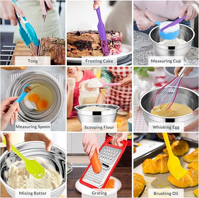 22-Piece Mixing Bowls with Lids & Accessories Set, E-far Stainless Steel Nesting Bowls with Colorful Covers & Non-Slip Bottoms, Metal Bowls for Cooking/Baking/Serving/Storage - Size 7/3.5/2.5/1.5/1 QT