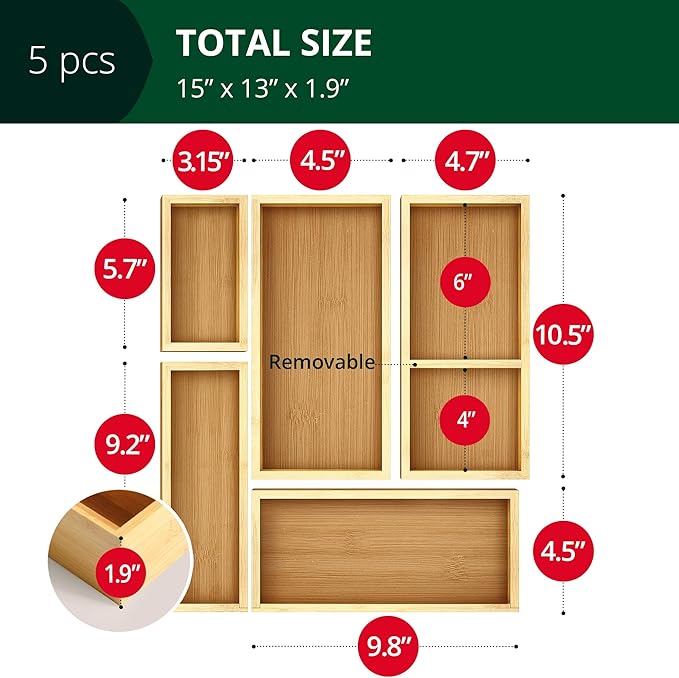 ROYAL CRAFT WOOD 5-Piece Bamboo Drawer Organizer Set – Multi-Use Storage Trays for Kitchen, Bathroom, Office, Makeup, Jewelry & More – Junk Drawer Tray, Utensil Holder, Storage Box & Bin Set (5 Boxes)