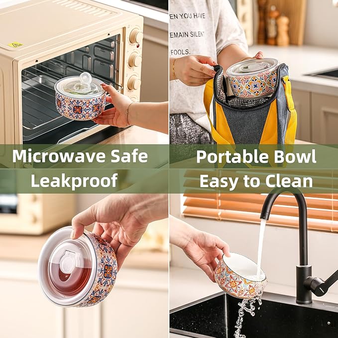 Ceramic Bowl with Lid: Microwave Safe Soup Containers Set of 6 for Meal Prep, Cereal, Salad, Picnic, Camping, Office Lunch, Kitchen Food Storage - 5 Inch, 20 oz, Design B