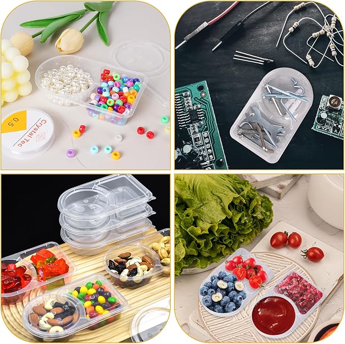 50 pcs Double Compartment Condiment Container, Reusable Snack Containers with Lids, Sauce Dipping Box with 50pcs Spoons, Snackle Box Container Used for Refrigeration, Portion Control, Dipping Sauce