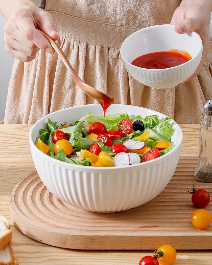 Hasense Ceramic Ribbed Nesting White Bowls 1.5/1/0.5 Qt For Kitchen, Cooking, Baking and Serving Salad Bowls for Pasta, Small Mixing Bowls of 3, Modern Space Saving Dishes for Kitchen
