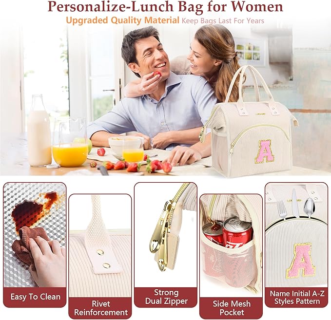 Personalized Initials Lunch Box for Women& Men, Preppy Reusable 10 L Insulated Lunch Bag, Leakproof Large Tdults lunch tote Cooler Bags Insulated for Beach,Travel,Work, Picnic-Birthday Gifts（Beige T）