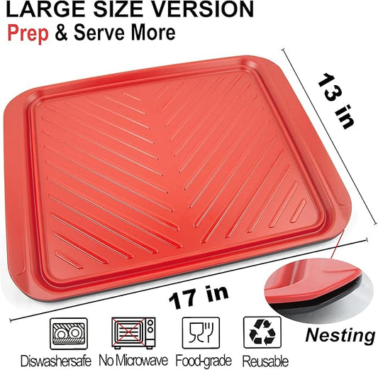 Large Grilling Prep and Serve Trays, 17.3" x 13" BBQ Platters for Raw and Cooked Food, Melamine Serving Trays for Food, Set of 2, Black and Red, Cleaning Pack Included