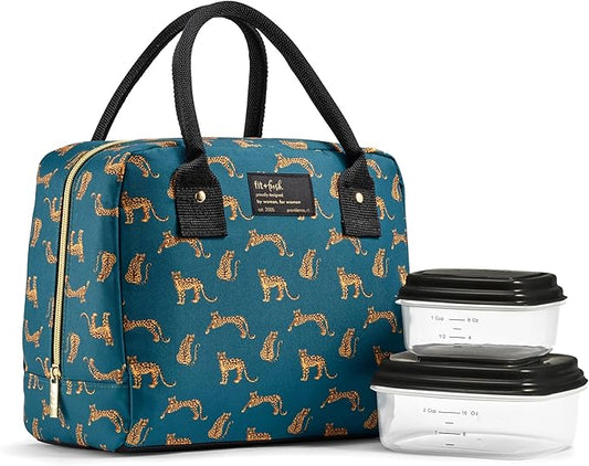 Fit & Fresh Lunch Bag For Women, Insulated Womens Lunch Bag For Work, Leakproof & Stain-Resistant Large Lunch Box For Women With Containers, Ice, Zipper Closure Bloomington Lunch Bag, Teal Cheetah