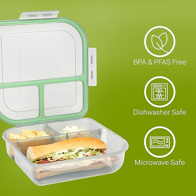 Large To-Go 3-Compartment Food Containers, Pack Of 3, 9-3/8" X 9-3/8" X 2-1/2", Reusable, Microwave Safe, NSF Certified, Smoke/Green