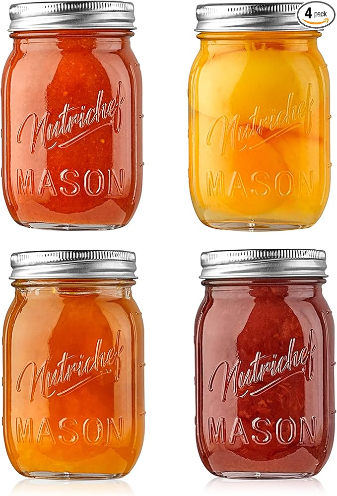 NutriChef 4-Pack 16 oz Mason Jars with Lids - Thick Glass Canning Jars with Stainless Steel Lids - Ideal for DIY Spices, Meal Prep, Overnight Oats, Jelly, Jam, Honey, Candles, Crafts, & More