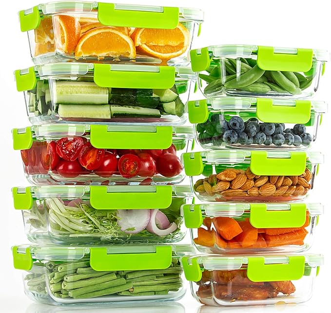 C CREST Glass Containers for Food Storage with Lids, [10-Pack] Meal Prep Containers for Kitchen, Home Use, BPA Free