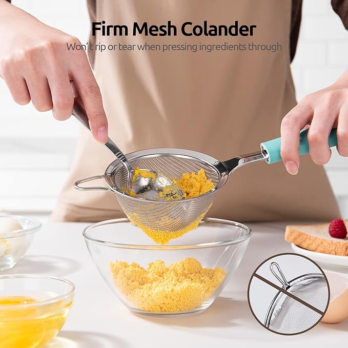 U-Taste 18/8 Stainless Steel 3.9in Small Fine Mesh Strainer with Sturdy Handle and Frame, and 18/8 Stainless Steel Square Measuring Spoons Set of 8 (Aqua Sky+Silver)